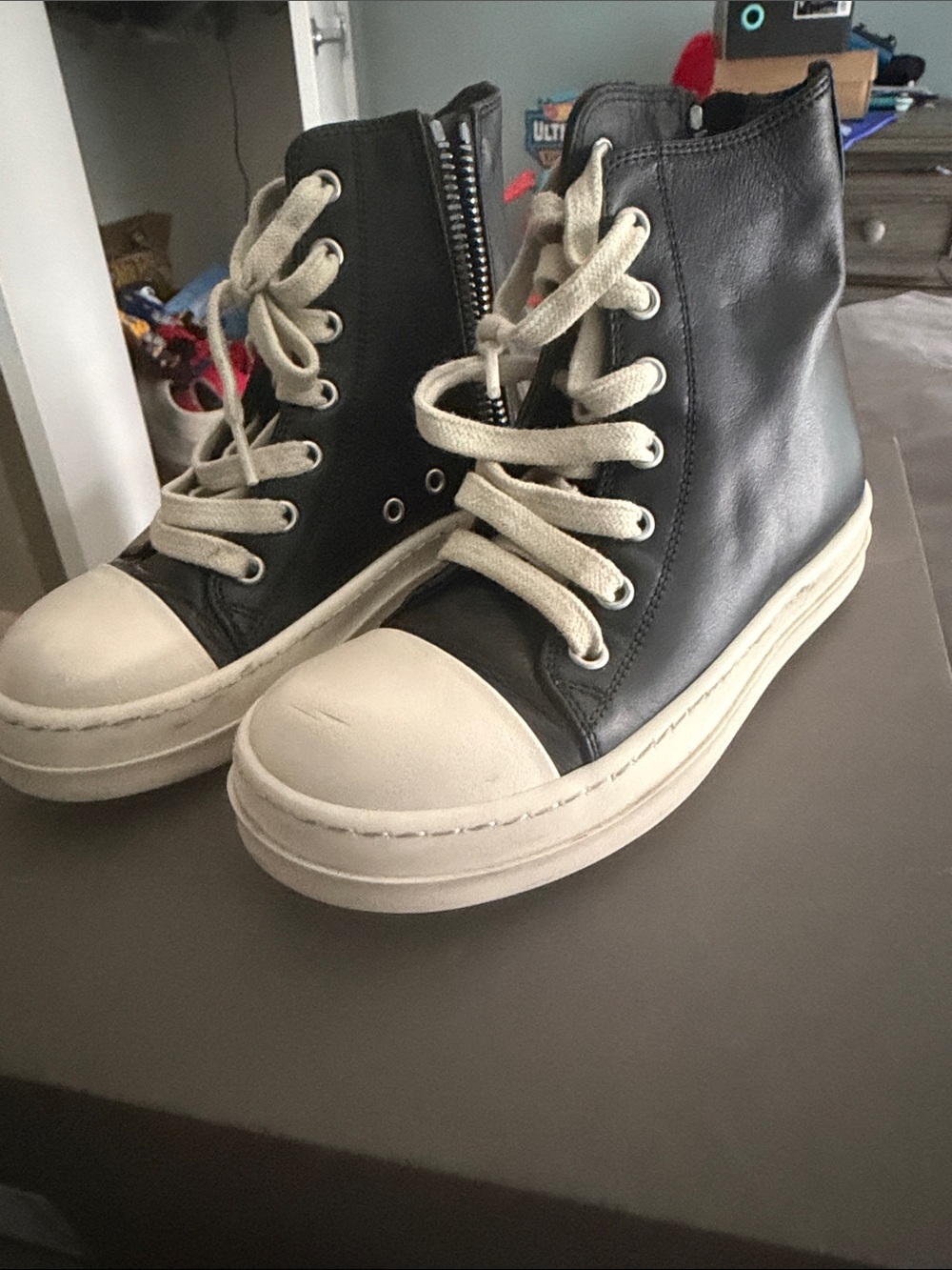 Rick Owens Kids Black Leather High-Top Sneakers with Cream Soles size 28 -11c